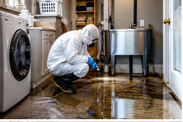 Inspecting the affected area after a sewage backup