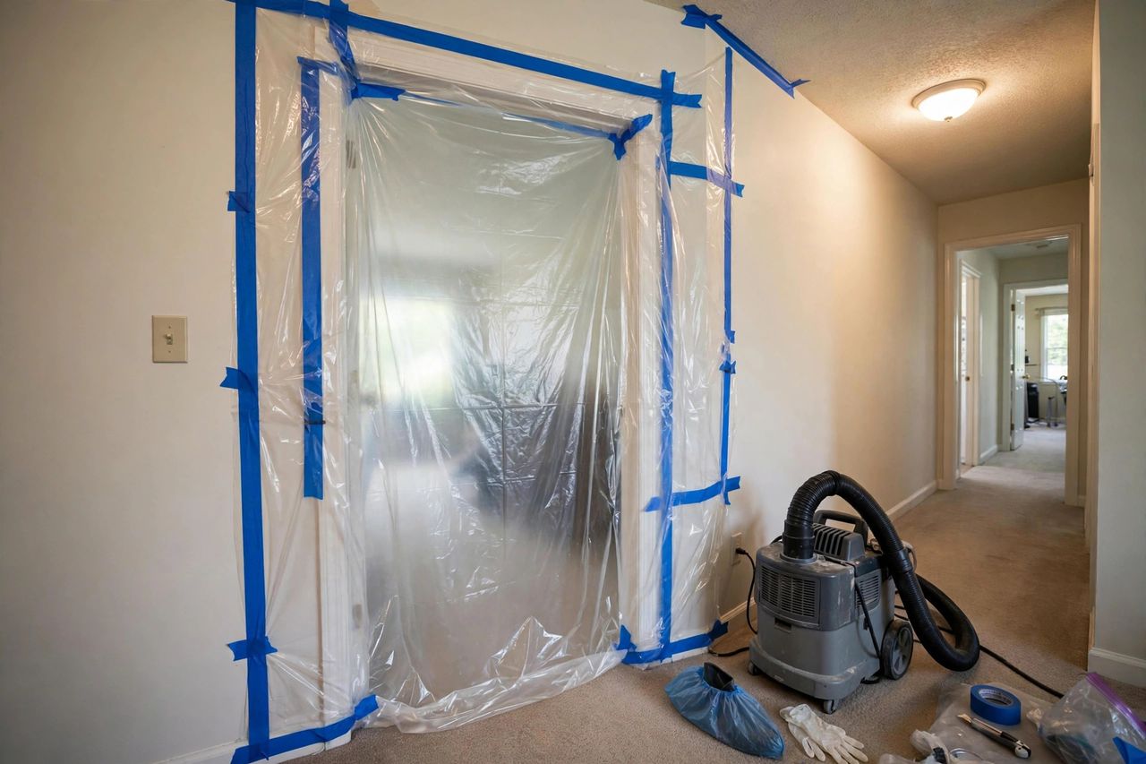 Plastic containment barrier sealing off a work area