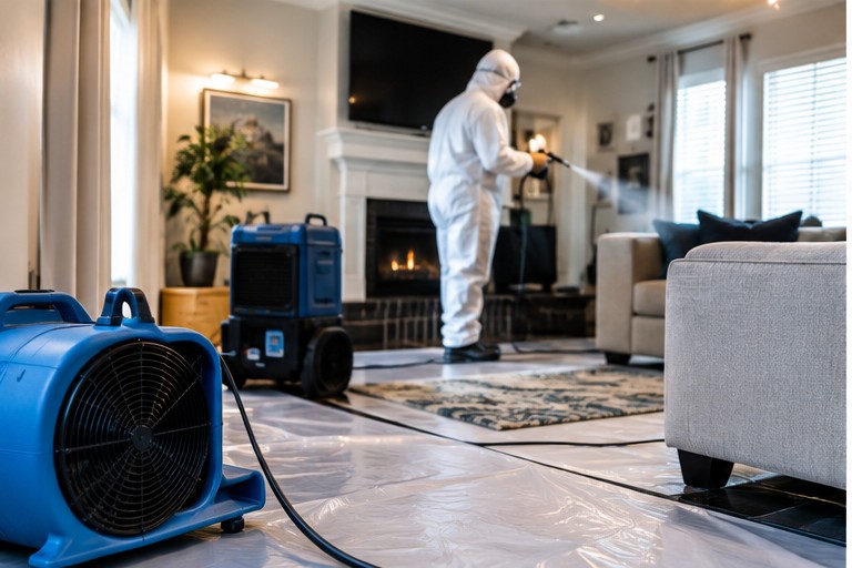Sanitizing a room after sewage cleanup